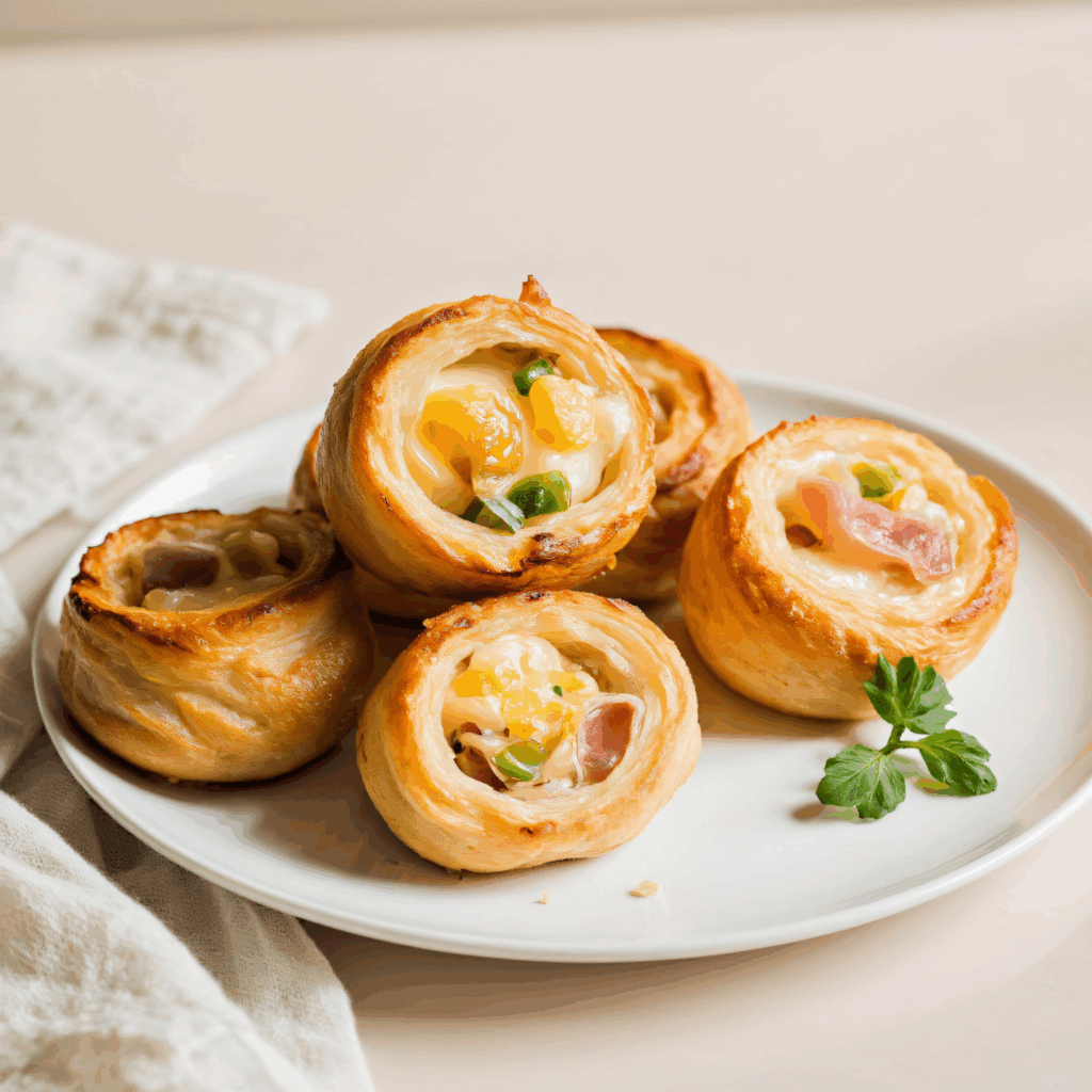 Закусочные рулетики из слоеного теста